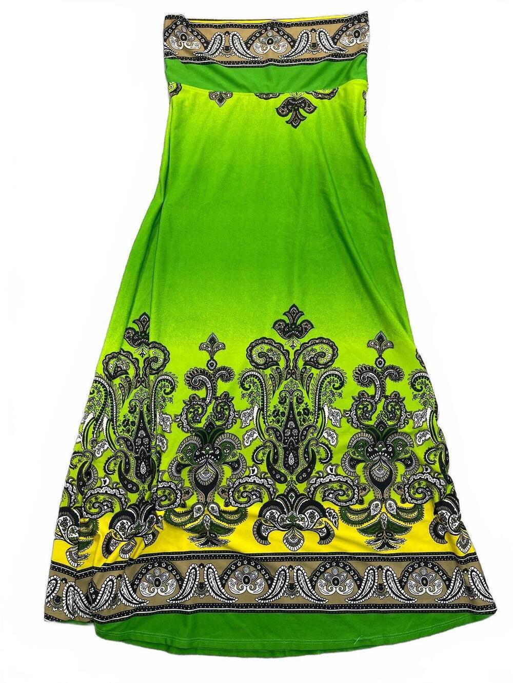 Venus Maxi Skirt Dress Green Yellow Ombre Paisley Border Print Resortwear
